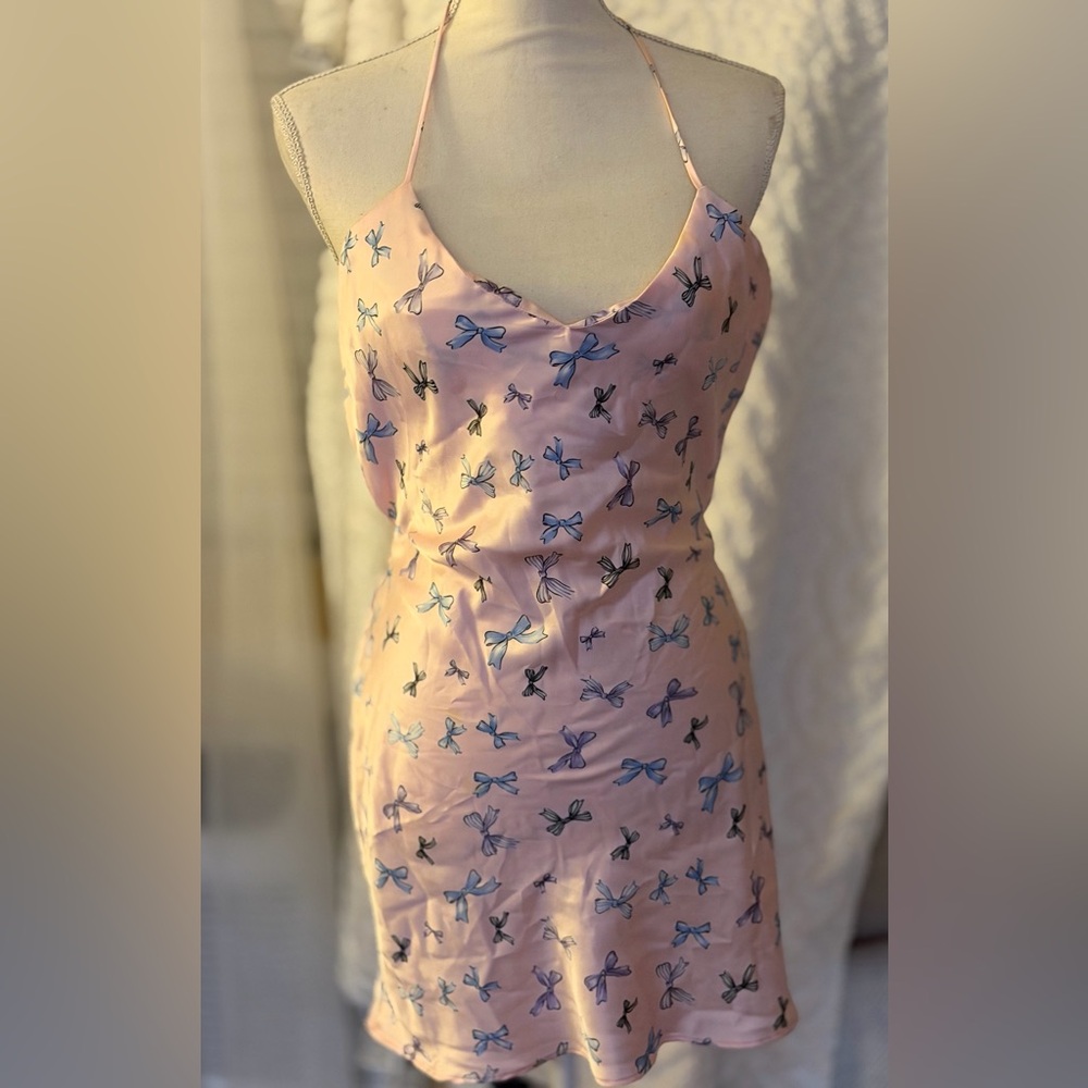 Victoria's Secret Pink Satin Dress with Blue Bow Print